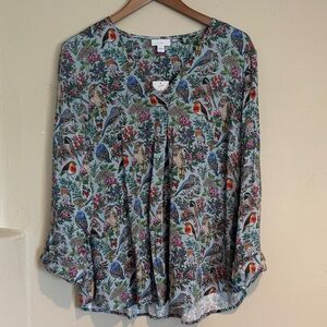 J. Jill Multicolor Bird and Floral Print Blouse